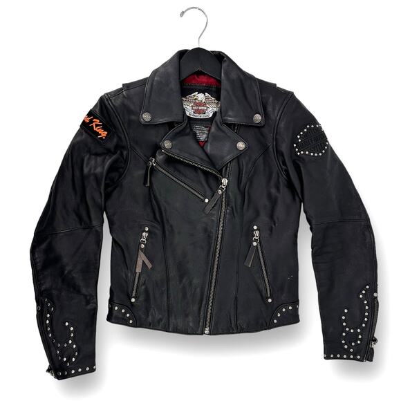 Harley Davidson Black Leather Stud Motorcycle Jacket Coat Womens Size XS - Picture 1 of 16